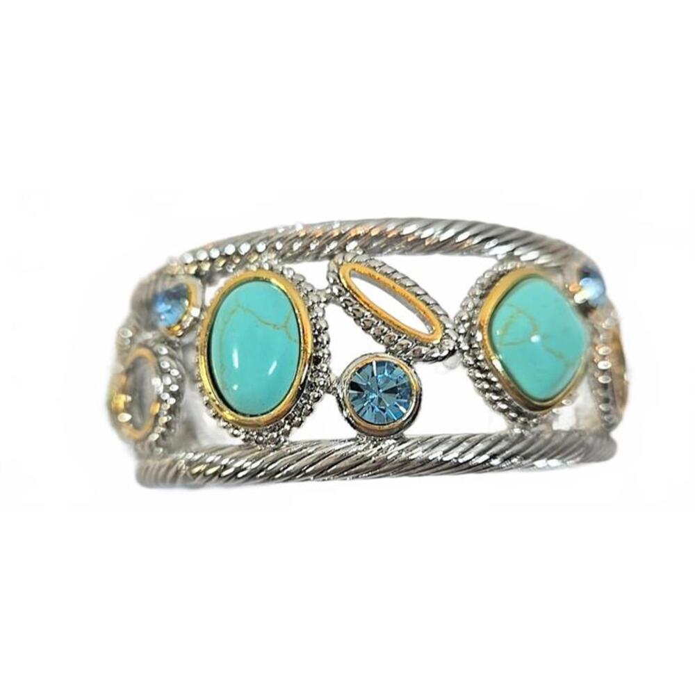 Best Of Everything Two Tone Metal Turquoise Blue Gem Hinged Cuff Bracelet